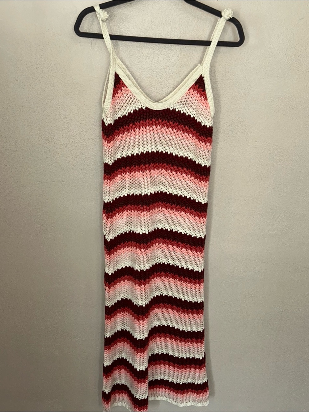 ZARA CROCHET KNIT striped midi burgundy cream dress coastal - Picture 4 of 5
